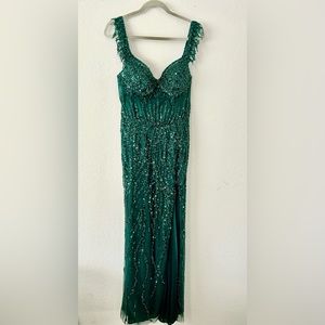 Ladivine womens cocktail dress emerald green off shoulder mermaid style leg slit